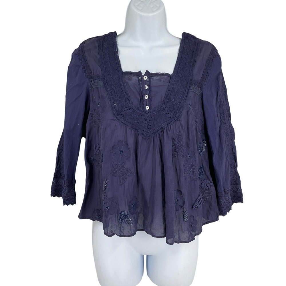 Anthropologie Vanessa Virginia Blouse Women 0 Purple Boho Lace Embroidered